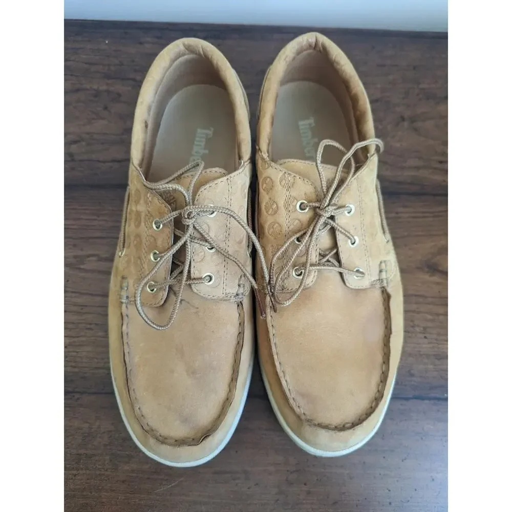 Timberland Light Brown Leather Boat Shoes with embossed logo Mens Size 10.5